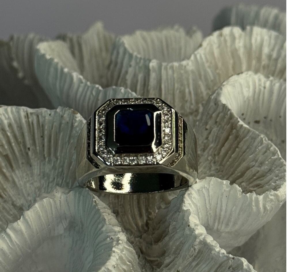 Men's 925 Sterling Silver Sapphire & Beryl Ring Size 10